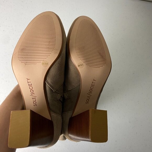 Sole Society Cassity Sock Bootie Heeled Tan Faux Suede Block Heel Womens 6M - Picture 7 of 9